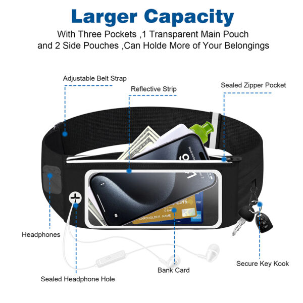 3-Pocket Sports Belt | Waterproof & Touchscreen | Nylon-Spandex Breathable | Running Cycling Fitness - Image 2