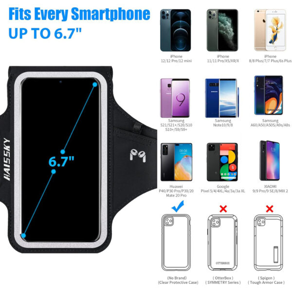 6.7" Running Armband | Separate Key/Earbud Pockets | 360° Reflective | Fits 23-46cm Arms | Wired Headphone Port - Image 3